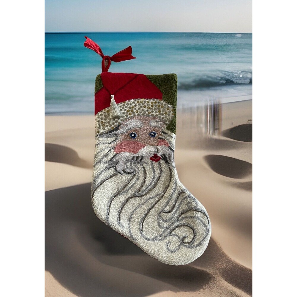 Needlepoint Santa Claus Christmas Stocking w Sequins + Beads Beautiful